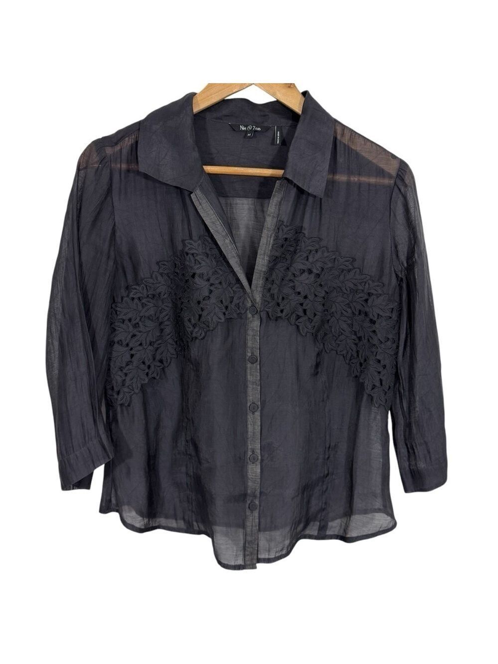 NIC+ZOE Sheer Silk Button Down Blouse Sz M Black Floral Applique Classy Shirt